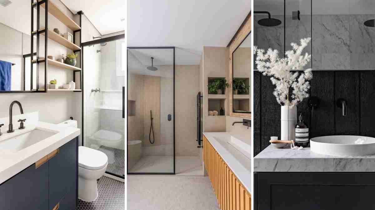 white and black bathroom // brass hardware // brass and glass light  fixtures …  Ideias para casas de banho, Design de casas de banho,  Remodelação de casas de banho