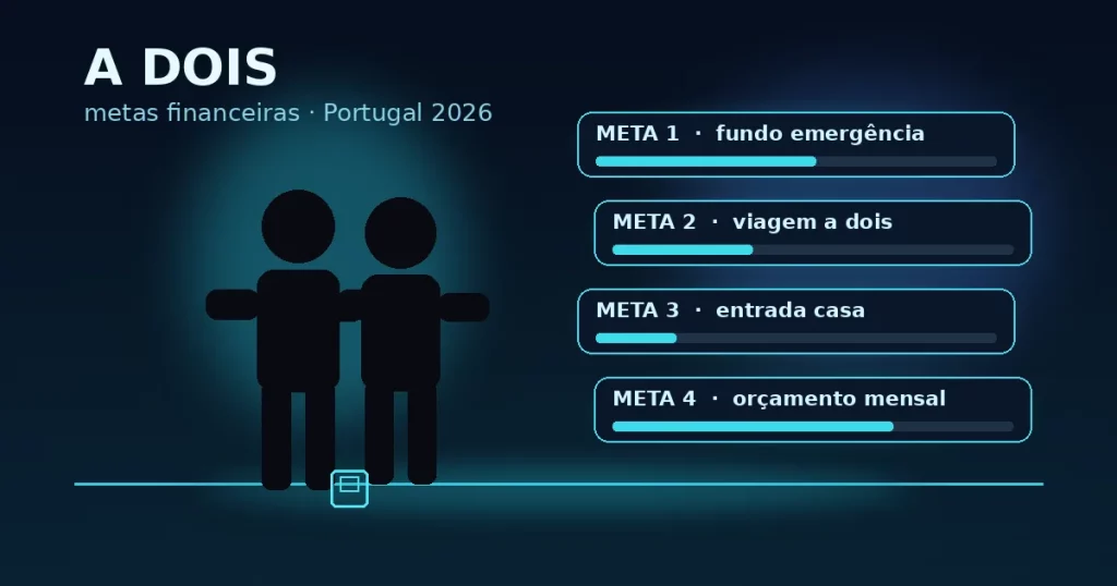 Silhuetas de casal sob glow ciano com cartões de metas (fundo emergência, viagem, entrada casa, orçamento) — finanças a dois Portugal 2026