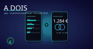 Dois telemóveis ligados com orçamento partilhado e saldo a dois sob glow ciano — app de finanças casal Portugal 2026 (objecto/símbolo)