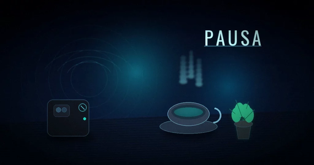 Telemóvel virado para baixo em silêncio, chávena de chá com vapor e planta pequena sob glow ciano — símbolo de pausa na ansiedade a dois
