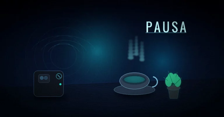 Telemóvel virado para baixo em silêncio, chávena de chá com vapor e planta pequena sob glow ciano — símbolo de pausa na ansiedade a dois