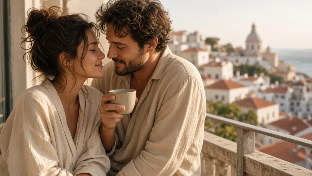 Casal numa varanda em Portugal ao entardecer, a partilhar um café em silêncio — reconexão emocional sem pressão