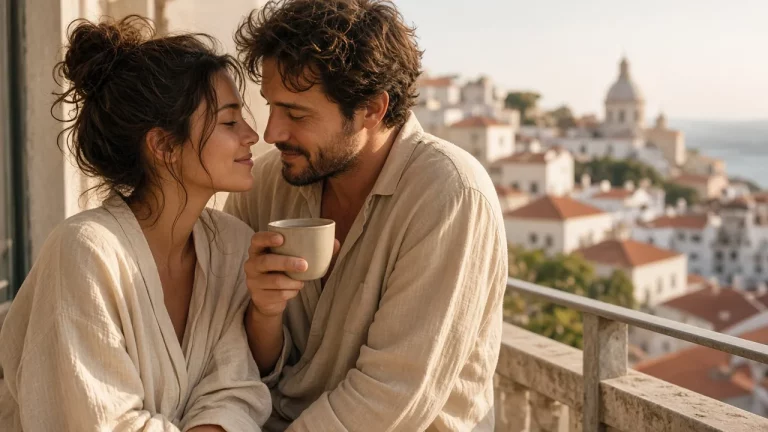 Casal numa varanda em Portugal ao entardecer, a partilhar um café em silêncio — reconexão emocional sem pressão