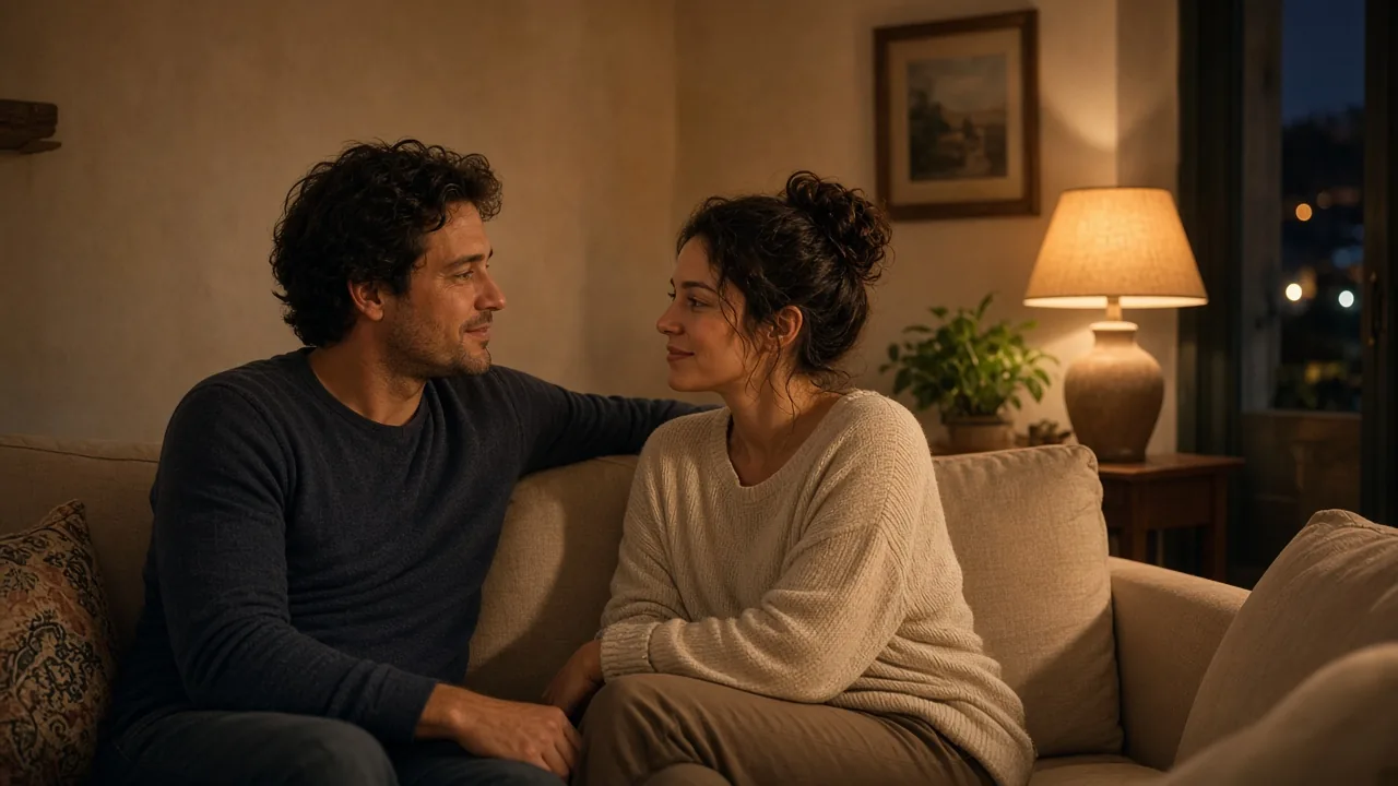 Casal no sofá, à noite, a conversar com calma numa sala acolhedora — recuperação emocional partilhada