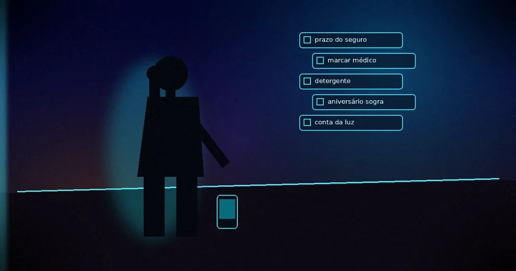 Silhueta de pessoa à mesa à noite, mão na têmpora, lista mental flutuante em cartões azul-ciano — carga mental invisível no casal