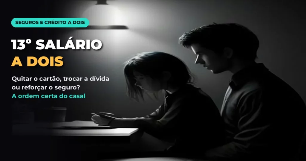 Silhueta de um casal sentado à mesa da cozinha à noite sob uma luminária, com o texto 13º SALÁRIO A DOIS: quitar o cartão, trocar a dívida ou reforçar o seguro? A ordem certa do casal