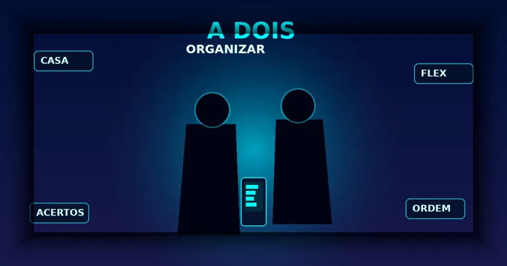 Silhuetas de casal sob glow ciano com telemóvel partilhado e cartões CASA FLEX ACERTOS — organizar finanças a dois Portugal 2026 (pessoa/silhueta)