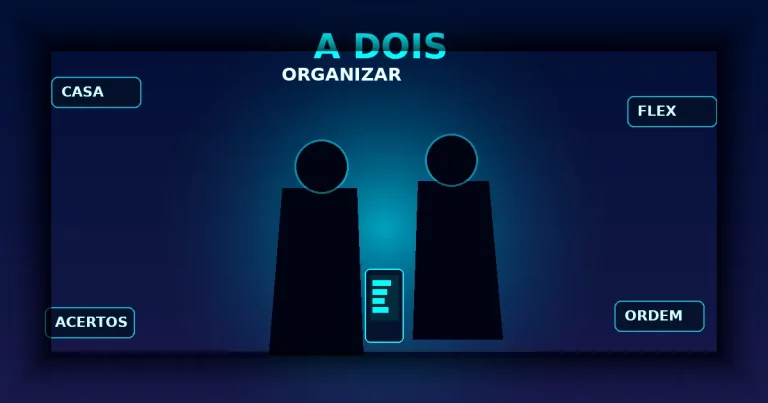 Silhuetas de casal sob glow ciano com telemóvel partilhado e cartões CASA FLEX ACERTOS — organizar finanças a dois Portugal 2026 (pessoa/silhueta)