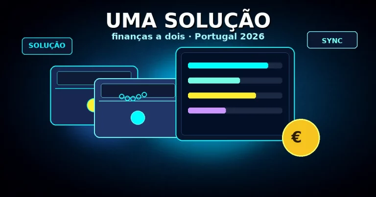 Carteiras interligadas, tablet-ledger partilhado e cartões SOLUÇÃO/SYNC sob glow ciano — app de finanças solução casal Portugal 2026 (objecto/símbolo)