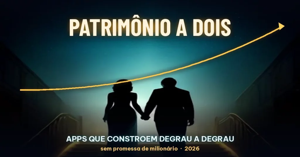 Casal em silhueta de mãos dadas subindo uma escada iluminada sob céu escuro, com linha dourada de crescimento e o título PATRIMÔNIO A DOIS