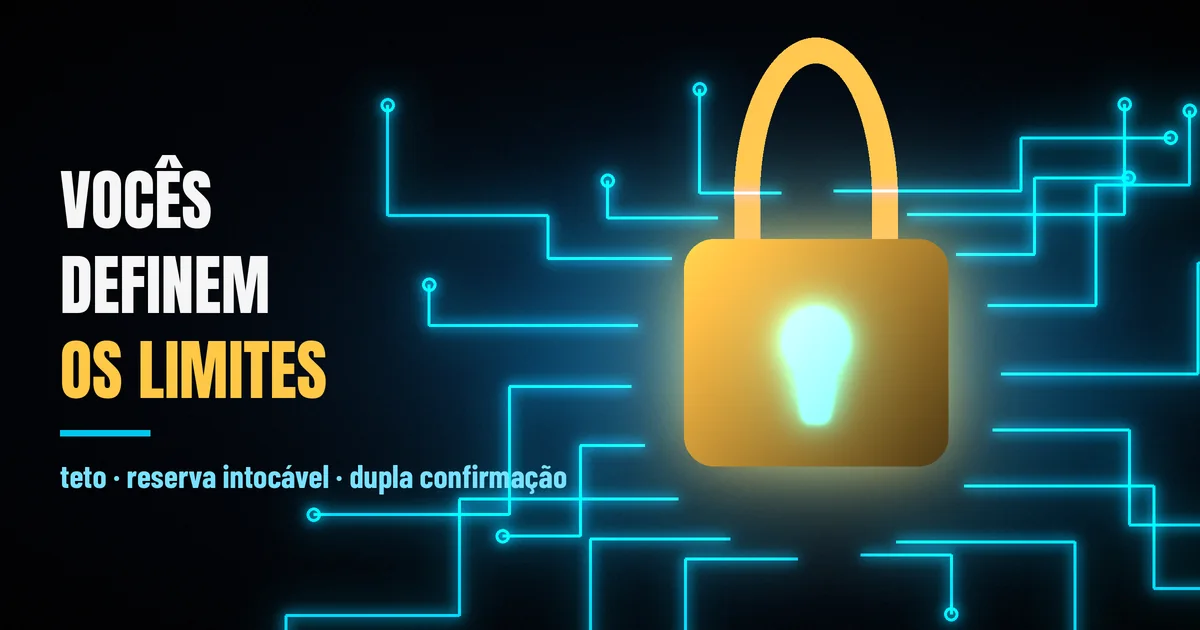 Cadeado dourado iluminado com circuitos ciano de inteligência artificial e o texto VOCÊS DEFINEM OS LIMITES, simbolizando regras do casal para a IA nas finanças