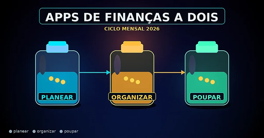 Três frascos simbólicos PLANEAR, ORGANIZAR e POUPAR com moedas e setas sob glow ciano/âmbar — ciclo mensal de finanças a dois 2026 (objeto/símbolo)