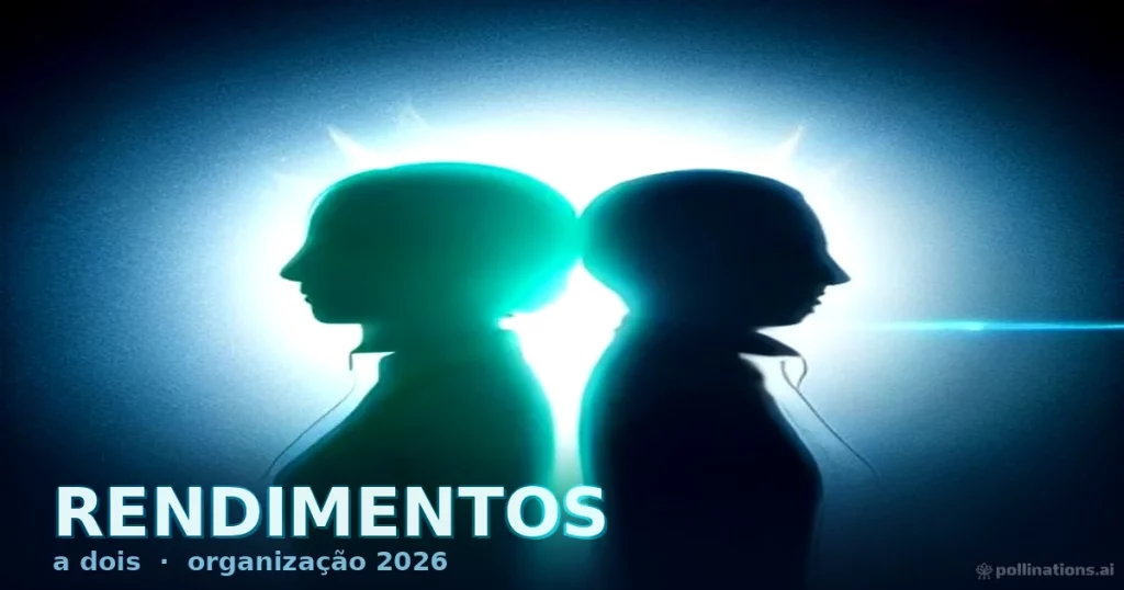 Silhueta de casal a olhar telemóvel com setas de rendimento e barras de yield sob glow ciano — organização e rendimentos a dois 2026 (pessoa/silhueta)