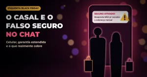 Silhuetas de um casal com sacolas de compras diante de um celular gigante com alerta de seguro ativado, em fundo escuro rosa de alto contraste, com o texto O CASAL E O FALSO SEGURO NO CHAT