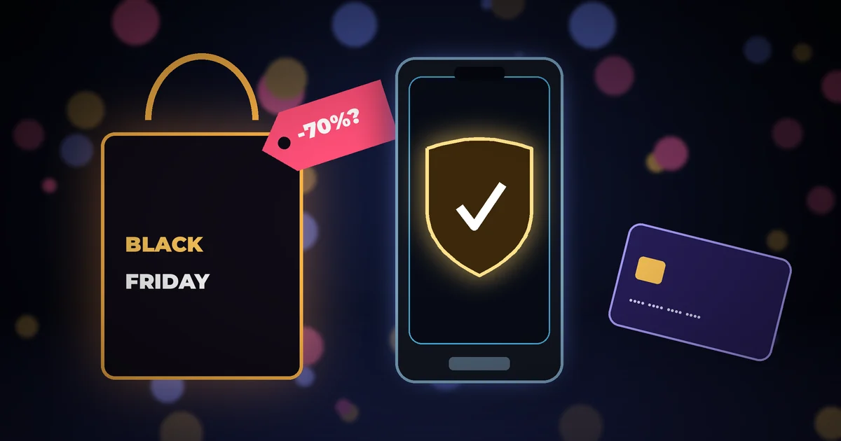 Smartphone com escudo de proteção dourado ao lado de sacola de compras e etiqueta de preço com alerta, sobre fundo escuro com luzes neon, símbolo de seguro de celular e compras seguras do casal