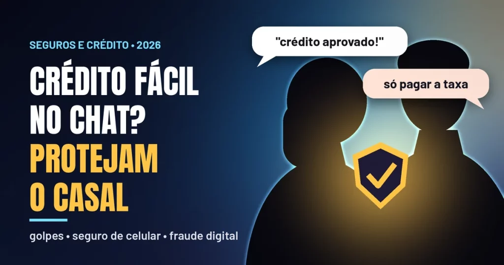 Silhuetas de um casal em contraluz azul com um escudo dourado entre os dois e balões de mensagem dizendo crédito aprovado! e só pagar a taxa, ao lado do título Crédito fácil no chat? Protejam o casal