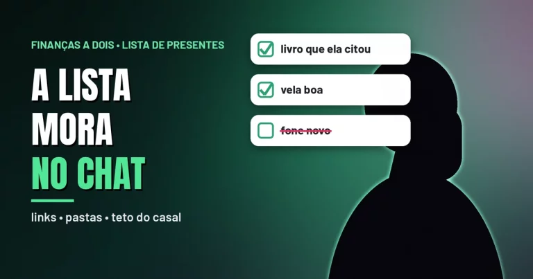 Silhueta de uma pessoa em contraluz verde, com cartões de lista flutuando: “livro que ela citou” e “vela boa” marcados e “fone novo” riscado, junto ao título A lista mora no chat