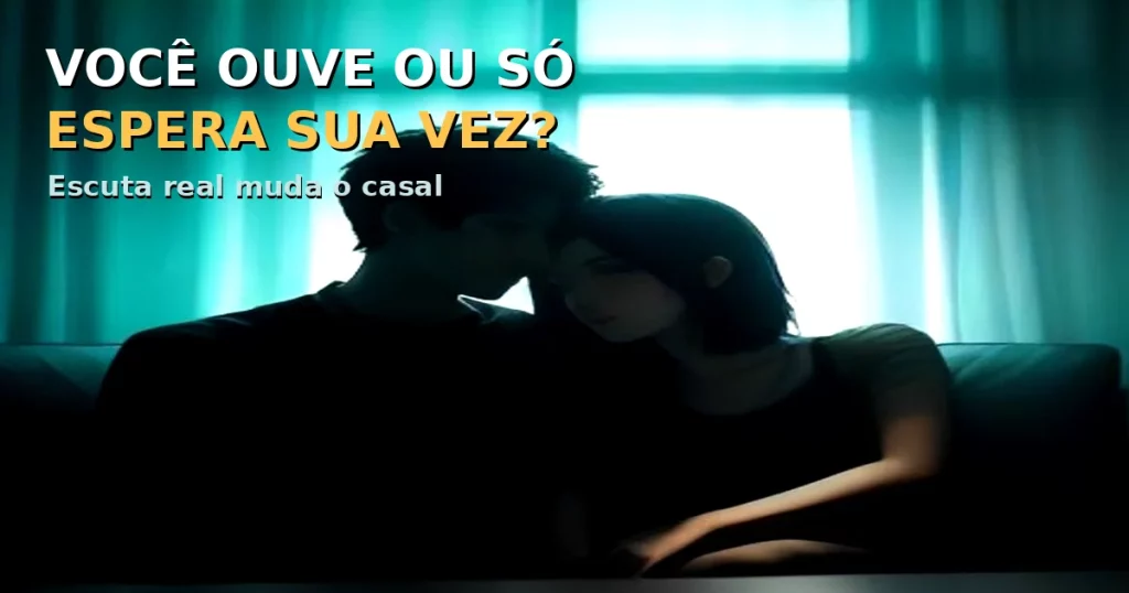 Silhueta de um casal sentado no sofá à noite, cabeças encostadas, contra uma janela de luz turquesa, com o texto VOCÊ OUVE OU SÓ ESPERA SUA VEZ?