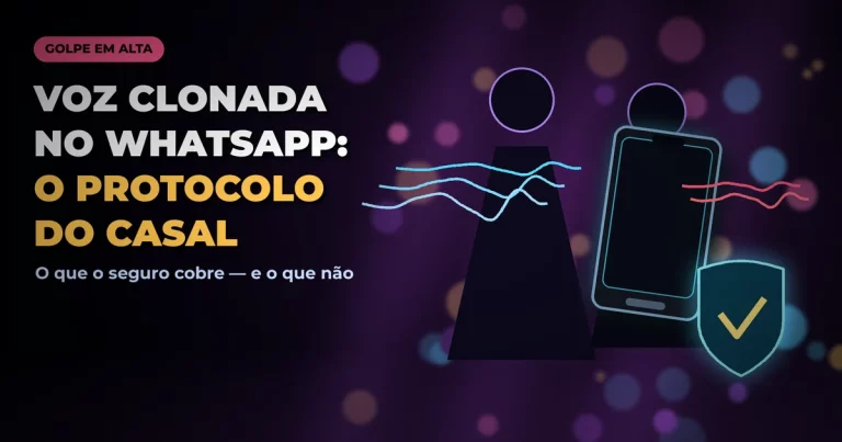 Silhuetas de um casal diante de um smartphone com ondas de voz e escudo de proteção, em fundo escuro roxo de alto contraste, com o texto VOZ CLONADA NO WHATSAPP: O PROTOCOLO DO CASAL