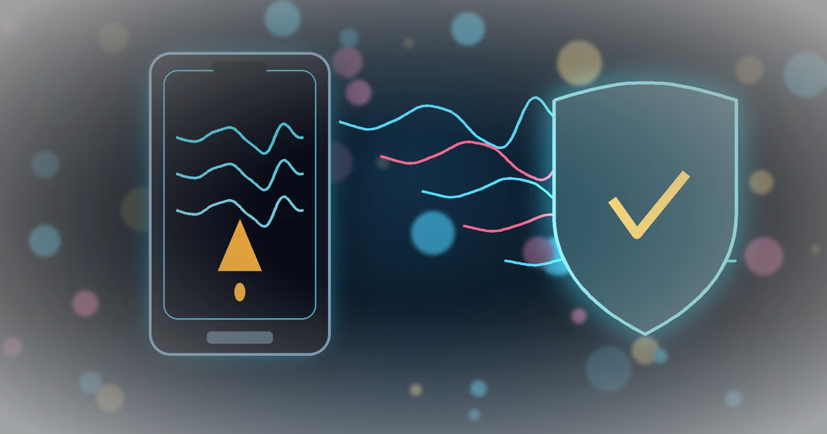 Smartphone com ondas de voz e escudo de proteção turquesa sobre mesa escura, símbolo de golpe de voz clonada e seguro digital do casal, em fundo noturno de alto contraste