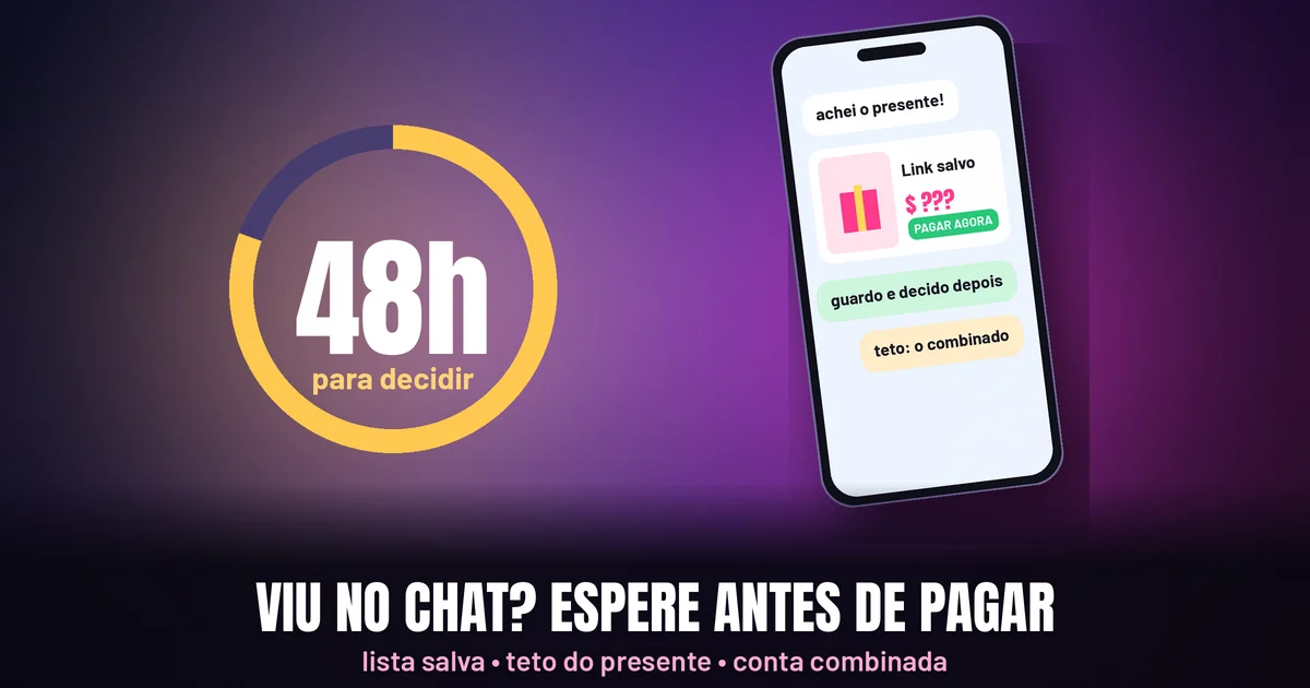 Contador circular dourado com o texto 48h para decidir ao lado de um celular com conversa “achei o presente!”, link salvo e mensagens “guardo e decido depois” e “teto: o combinado”