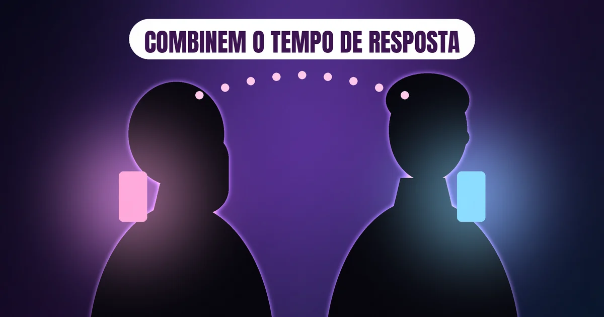 Silhuetas de um casal de perfil, cada um com o celular aceso, ligados por uma linha de pontos luminosos, sob o texto Combinem o tempo de resposta
