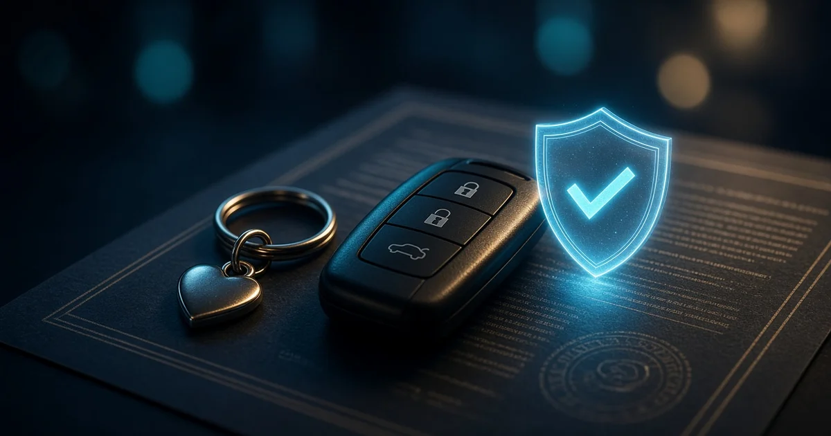 Chave de carro preta sobre uma apólice de seguro impressa, ao lado de um chaveiro com pingente de coração e de um escudo azul brilhante com sinal de visto, em fundo azul-escuro cinematográfico com luzes desfocadas