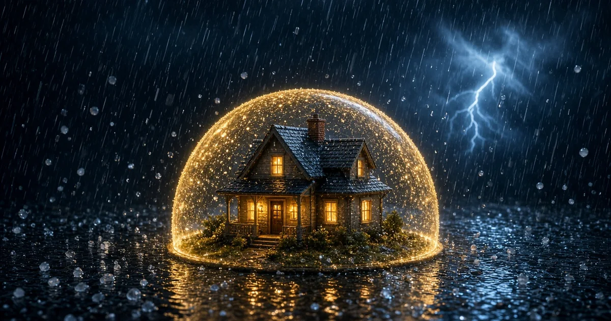 Miniatura de casa iluminada por dentro sob tempestade de granizo, protegida por um escudo de luz dourada, simbolizando o seguro residencial do casal