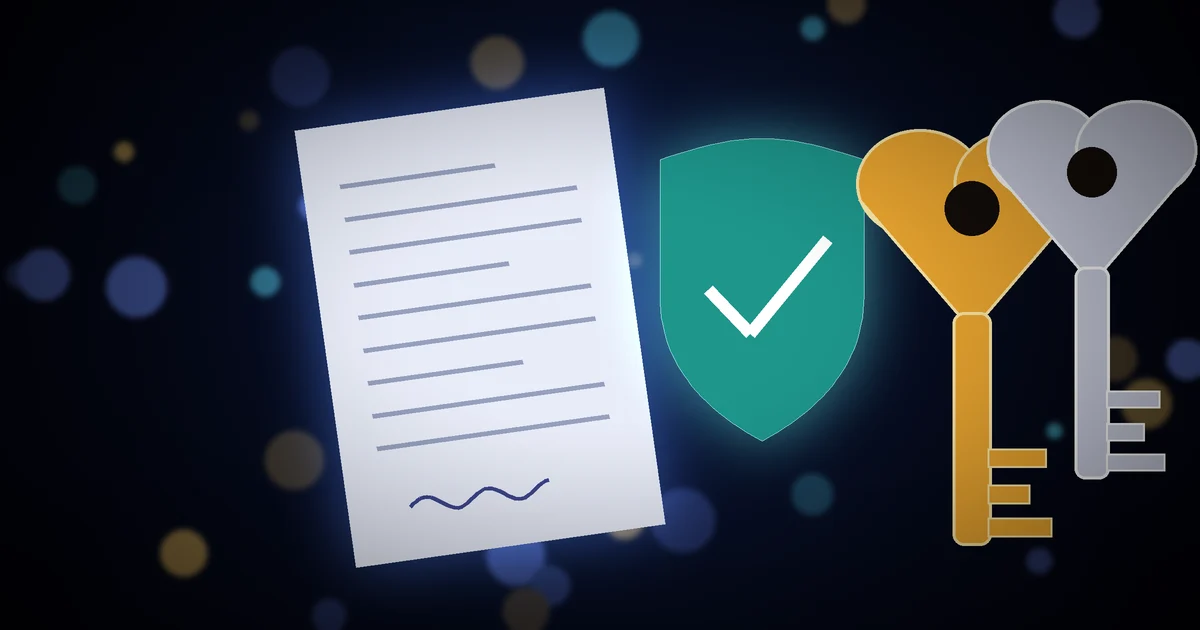 Contrato de aluguel assinado, escudo verde com sinal de visto e duas chaves com cabeça em forma de coração, uma dourada e uma prateada, em fundo azul-escuro cinematográfico com luzes desfocadas, símbolo do seguro fiança do casal