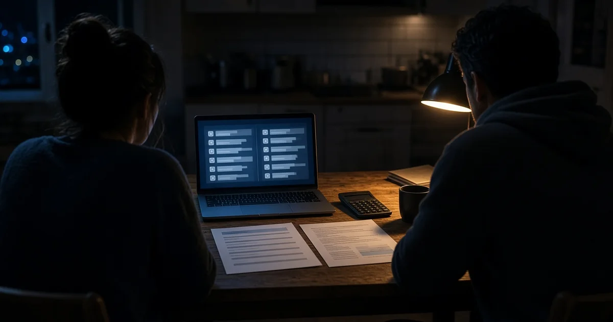 Casal visto de costas à noite, na mesa da cozinha, comparando duas cotações de seguro impressas com calculadora e notebook iluminado