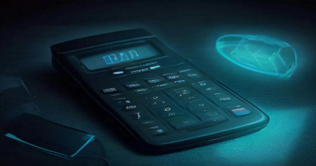 Calculadora preta sobre uma mesa escura ao lado de um cartão e de um escudo de proteção azul brilhante, em luz ciano cinematográfica com alto contraste