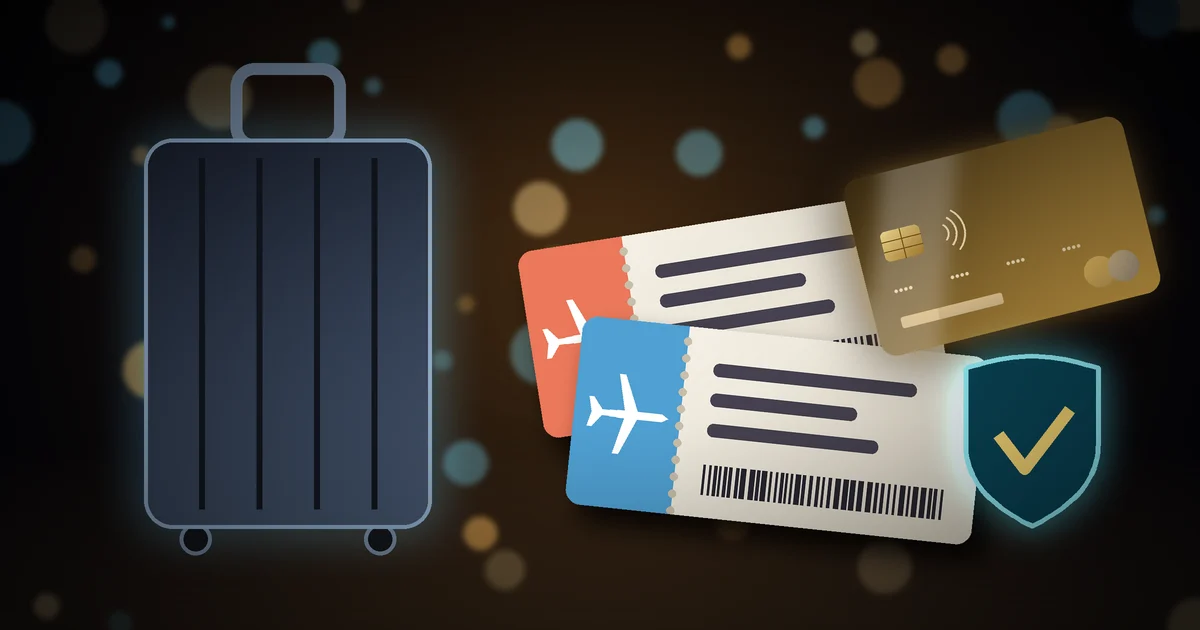 Mala de viagem escura com dois cartões de embarque, um cartão de crédito dourado e um escudo de luz turquesa sobre a mesa, em fundo noturno de alto contraste